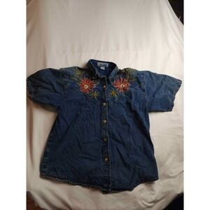 Pretty Bleu Button Down Shirt Womens Large Blue Denim Floral Embroidered Vintage